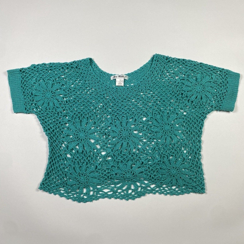 Say What Brand Crop Top Short Sleeve Crochet Sweater Teal Women Size S Pre-Owned